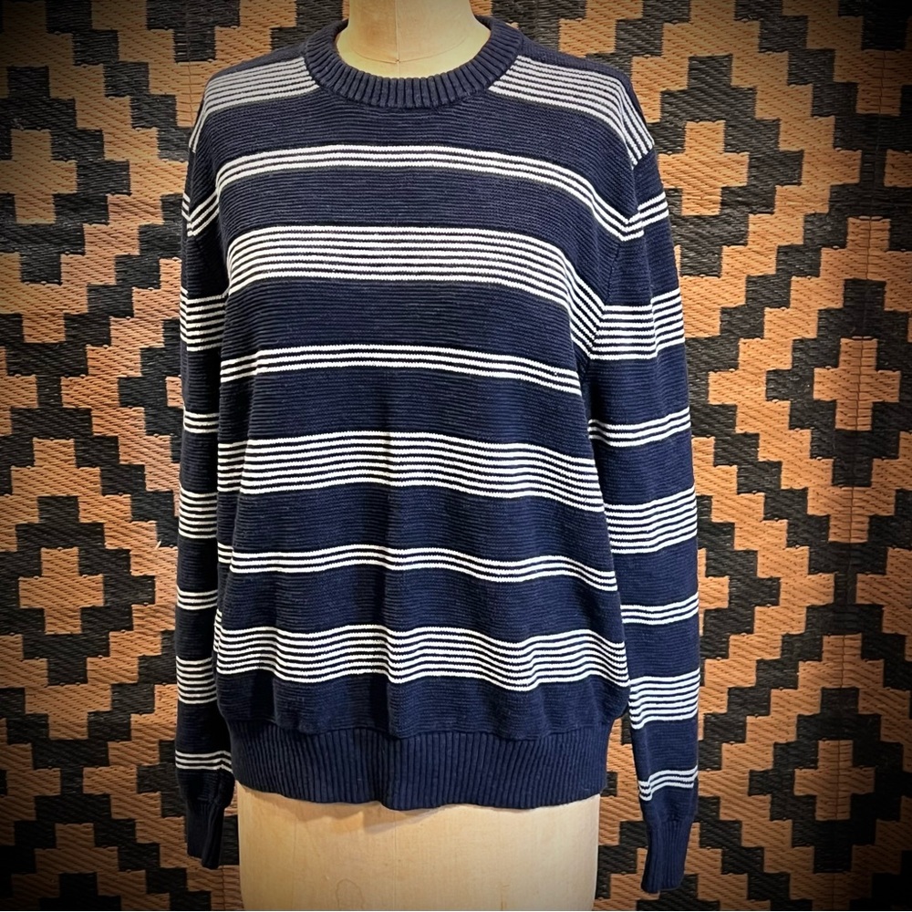 Lands End nautical maritime sweater cotton‎ linen blend navy blue white stripes - Picture 11 of 11